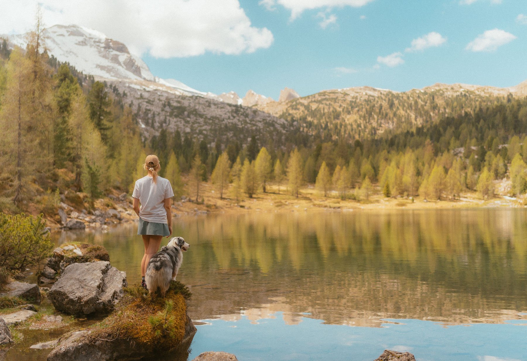 A person and a dog stand at the edge of a calm lake, surrounded by mountains and pine trees, under a blue sky with clouds.