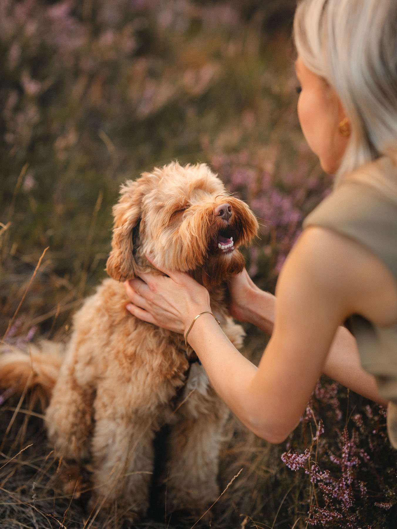 A woman with silver-blonde hair hugs her labradoodle.