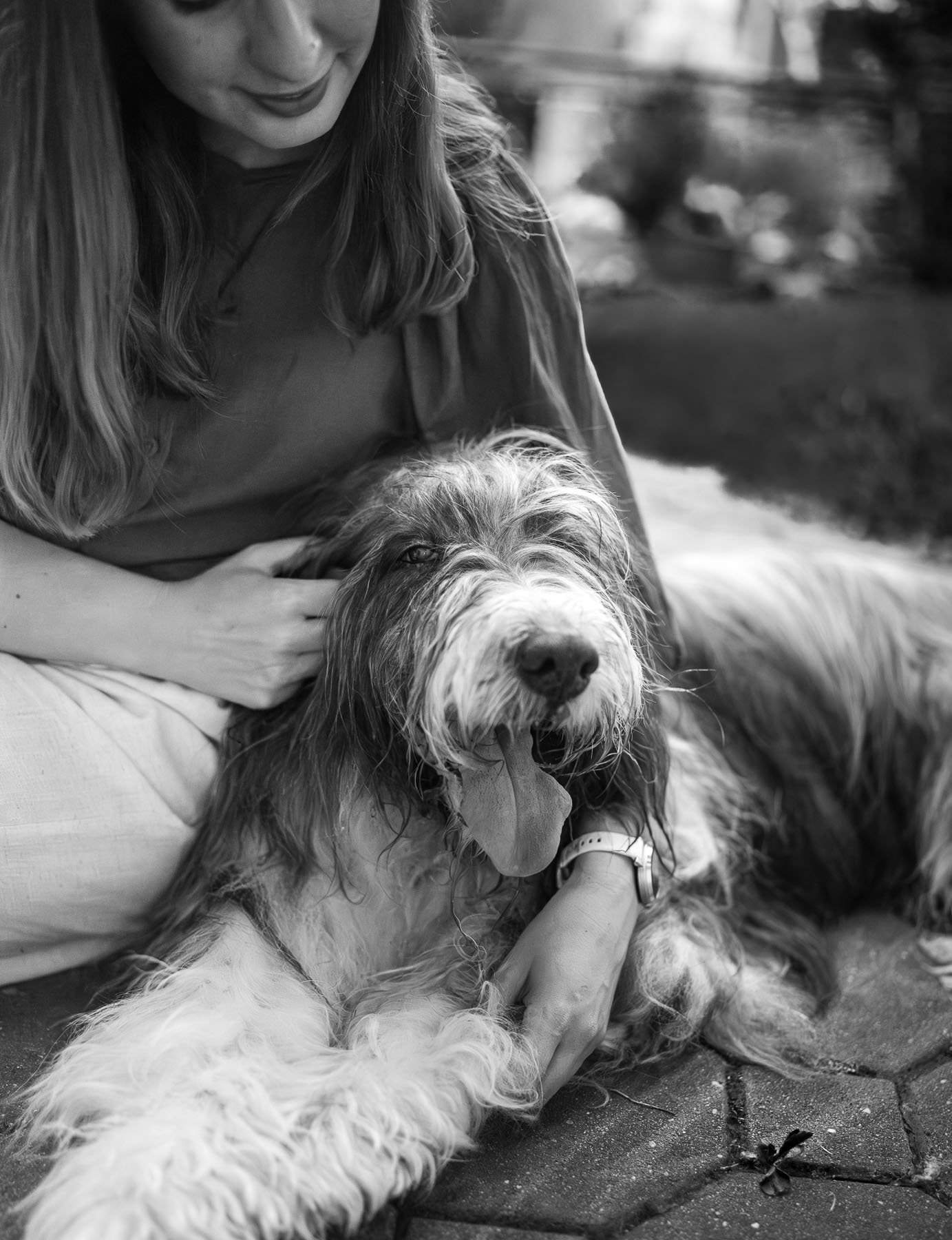 Black-and-white photo of an old bearded collie lying against his owner